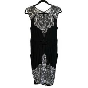 Julian Taylor Black & White Paisley Sheath Dress Size 12 Belted Career Midi